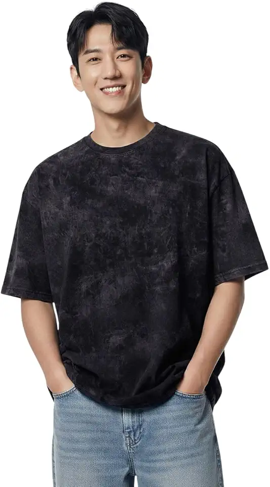LEOTUDE Acid wash Oversized Tshirt Men Drop Shoulder Half Sleeves Round Neck Solid Pure 100% Cotton T-Shirts for Men (Colo...