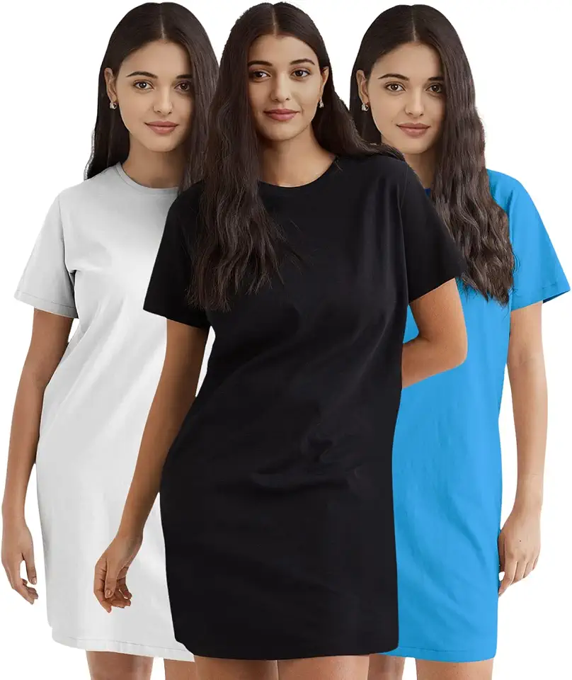 TVP Fashions Women's Premium Knee Length Pack of 3 Half Sleeves Plain Cotton White, Black & Turquoise Tshirts.Festive,Offe...