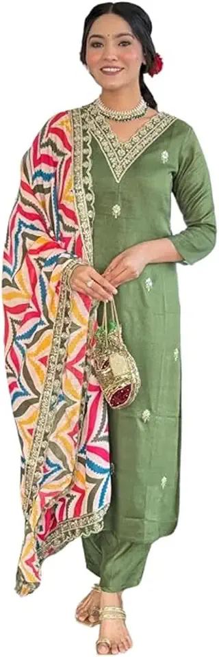 Naixa Women's Viscose Embroidered Straight Kurta with Pant and Dupatta Sets (NX-467)