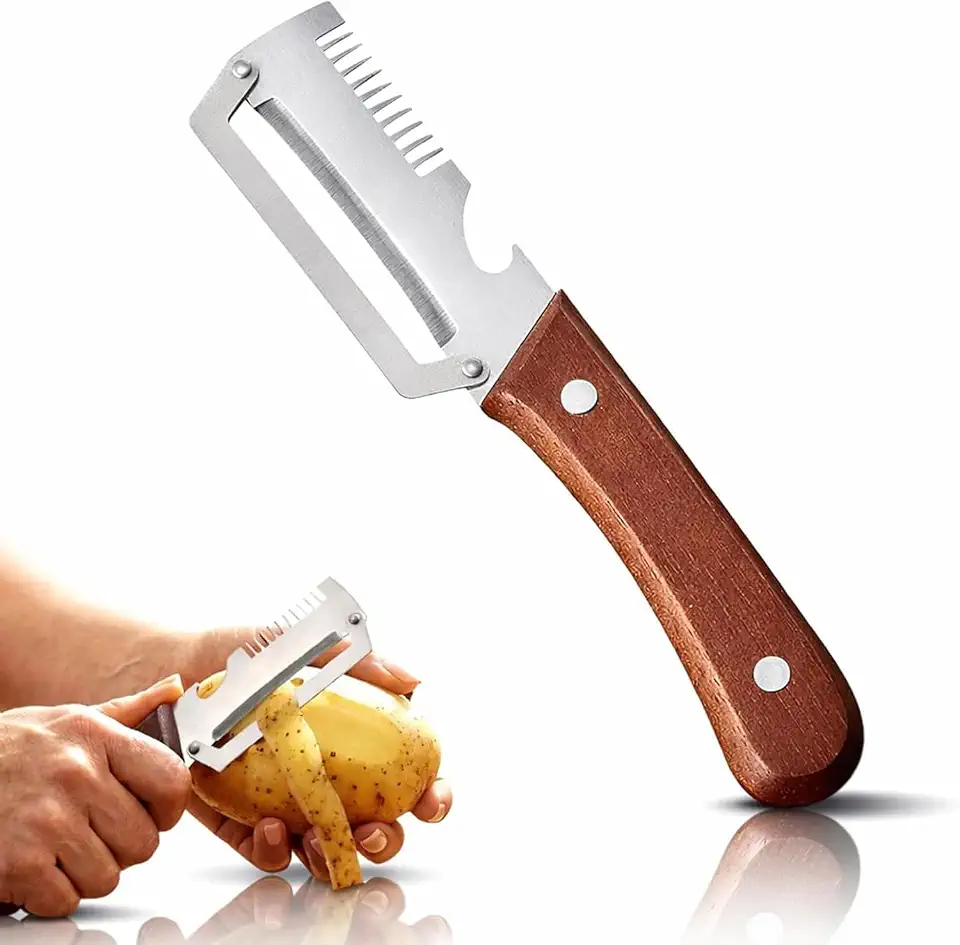 Wooden Handle 3-in-1 Gourmet Vegetable Peeler, Julienne Cutter & Utility Tool - Professional Grade Stainless Steel Blade Luxury Kitchen Gadget