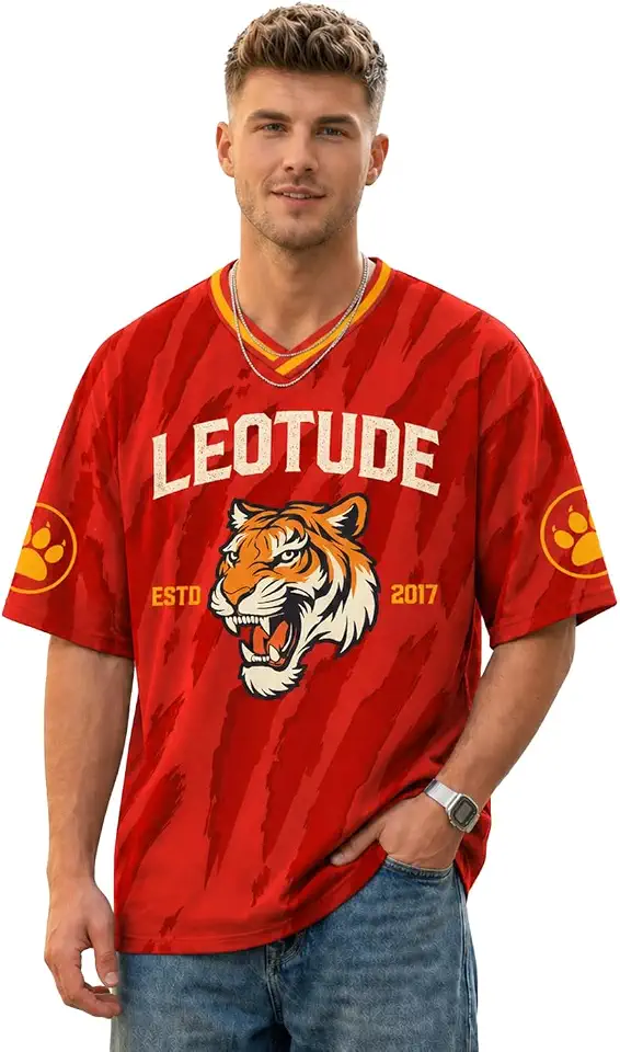 LEOTUDE Men’s Tiger Graphic Printed Oversized T-Shirt | Bold Red Sports Jersey Style Tee | V-Neck Half Sleeve Casual Stree...