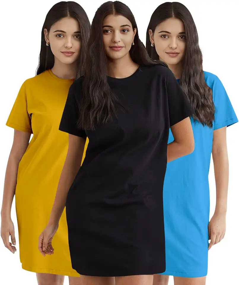TVP Fashions Women's Premium Knee Length Pack of 3 Half Sleeves Plain Cotton Yellow, Black & Turquoise Tshirts.Festive,Off...