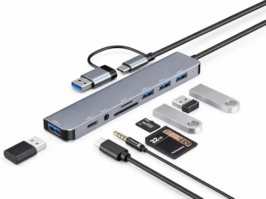 Port 8 Plus 8-in-1 USB Hub, Dual Connector USB 3.0 and Type-C, SD/TF Card Reader, 3.5mm AUX Jack, for Laptops and Tablets