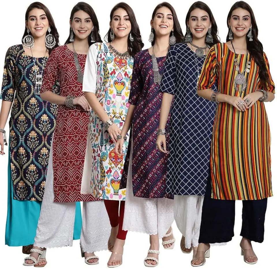 Tee Projekt Crepe Verstaile Straight Printed Kurti for Women's ll Casual Wear Kurti (Pack of 6)