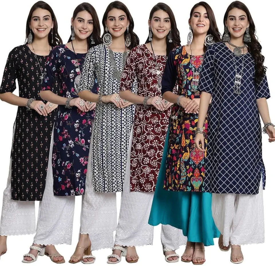 Tee Projekt Crepe Verstaile Straight Printed Kurti for Women's ll Casual Wear Kurti (Pack of 6)