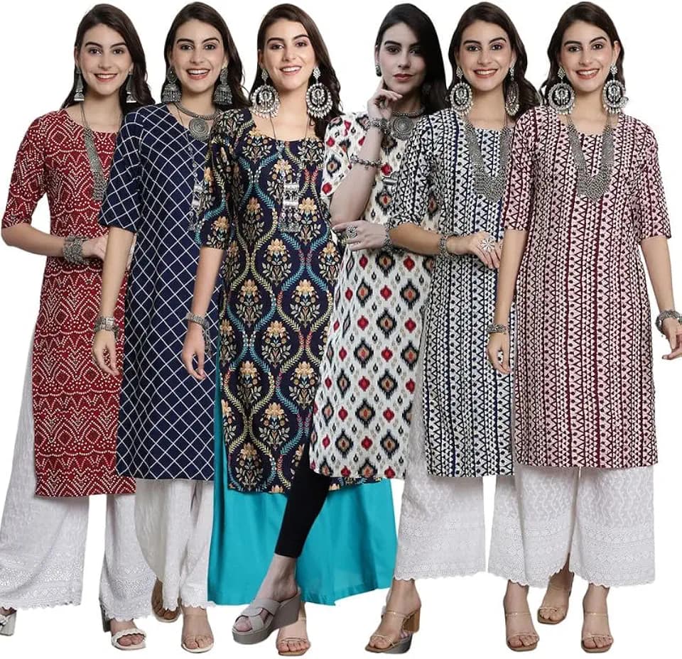 Tee Projekt Crepe Verstaile Straight Printed Kurti for Women's ll Casual Wear Kurti (Pack of 6)