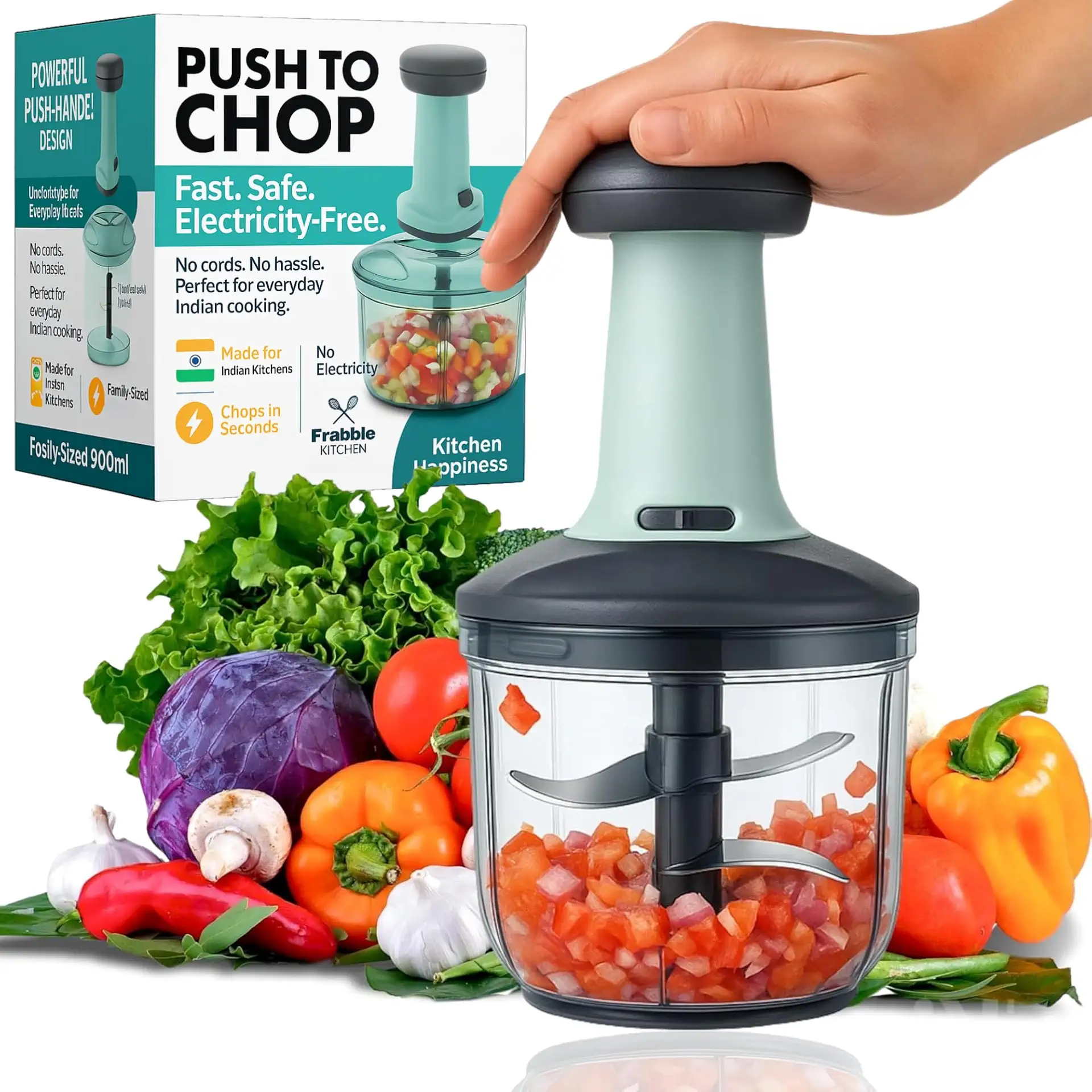 Frabble Kitchen 900ml Easy Push Vegetable Chopper for Kitchen Use - Slicer Dicer Vegetable Cutter Tool - Manual Machine Hand Choppers & Cutter for Onion, Garlic, Herbs, Veg, Sabji, Chilli, Fruits