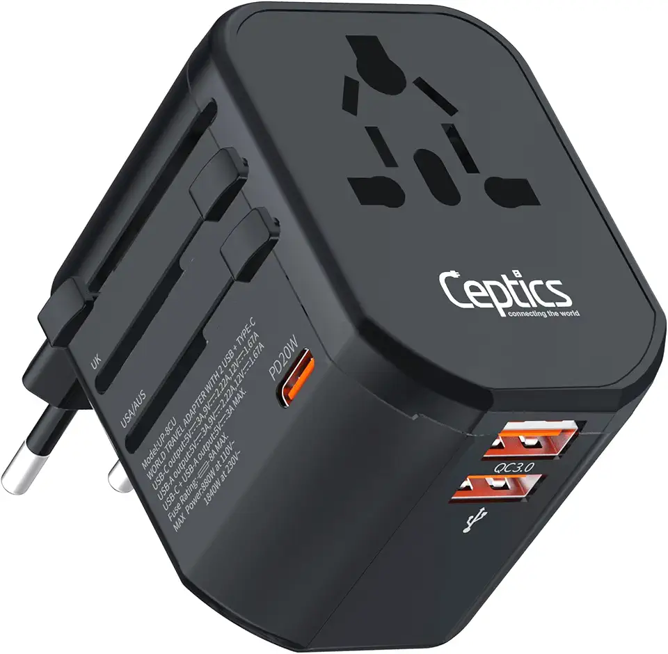 Ceptics 4 in 1 Universal Charger Adapter, 2 USB QC 3.0, 20W USB-C Universal Travel Adapter All in One Fast Charging, Inter...