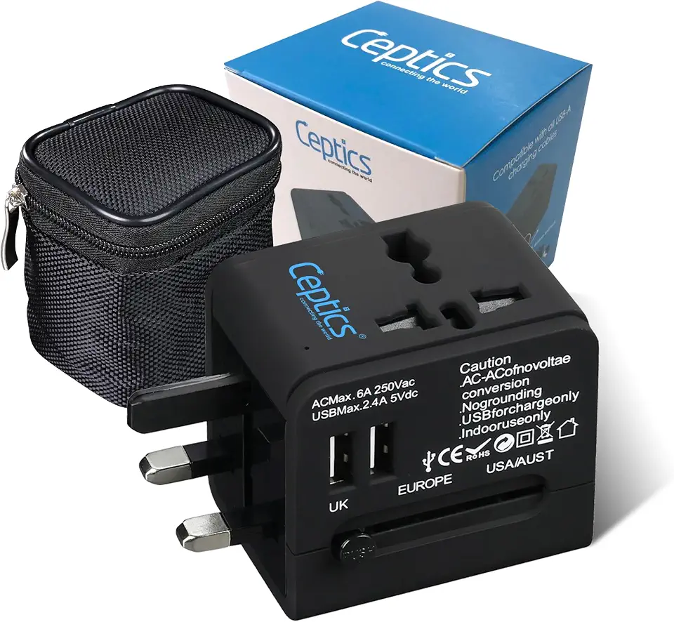 Ceptics Universal Travel Adapter with 2 USB Ports, 3 in 1 International Adapter for Cell Phone Tablet Camera, India to UK,...